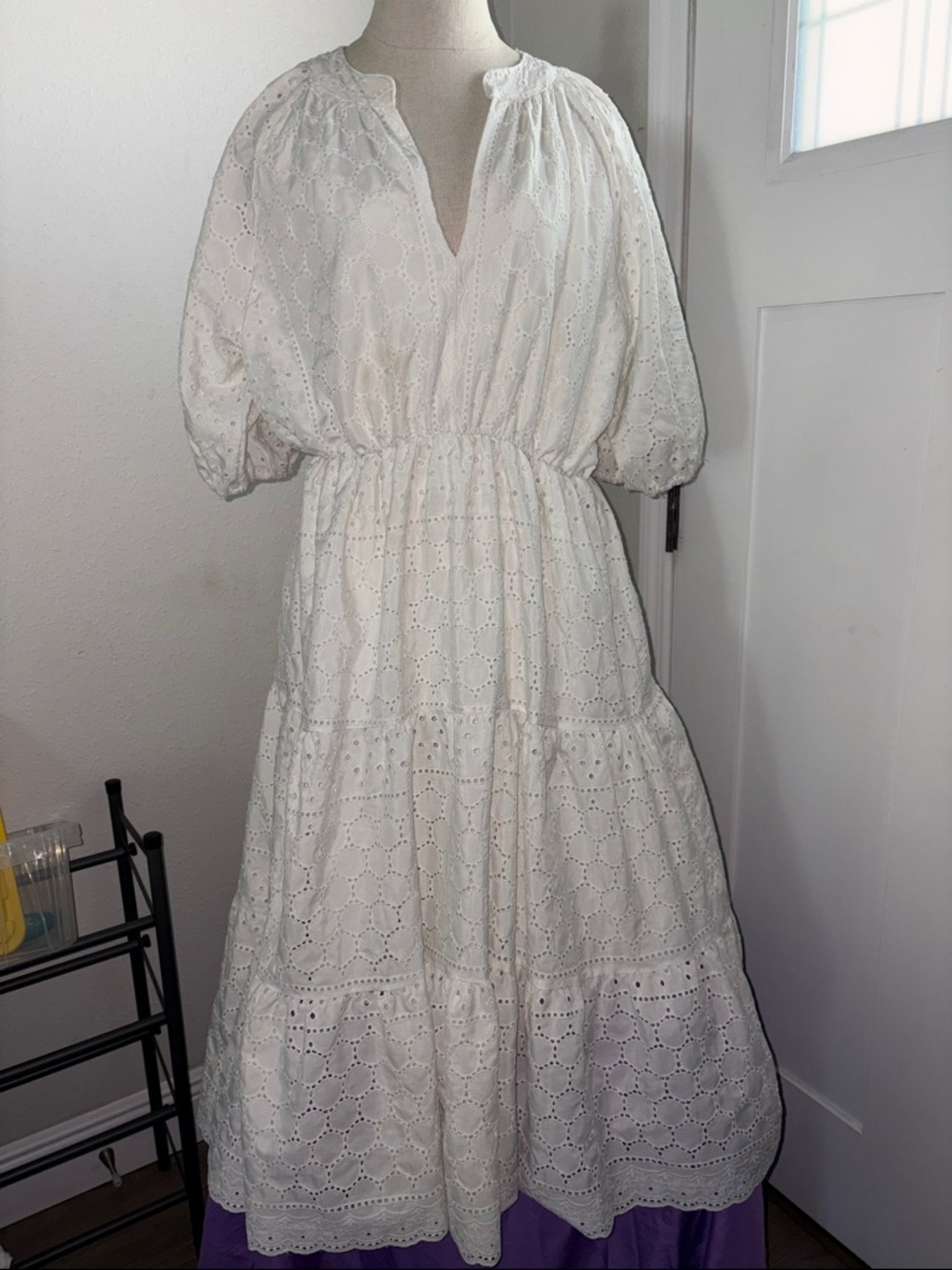 This & That “OFF White” Eyelet Tiered Midi Dress with Puff Sleeves